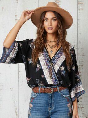 Flying Tomato Floral Bell Sleeves Peplum Blouse - Small